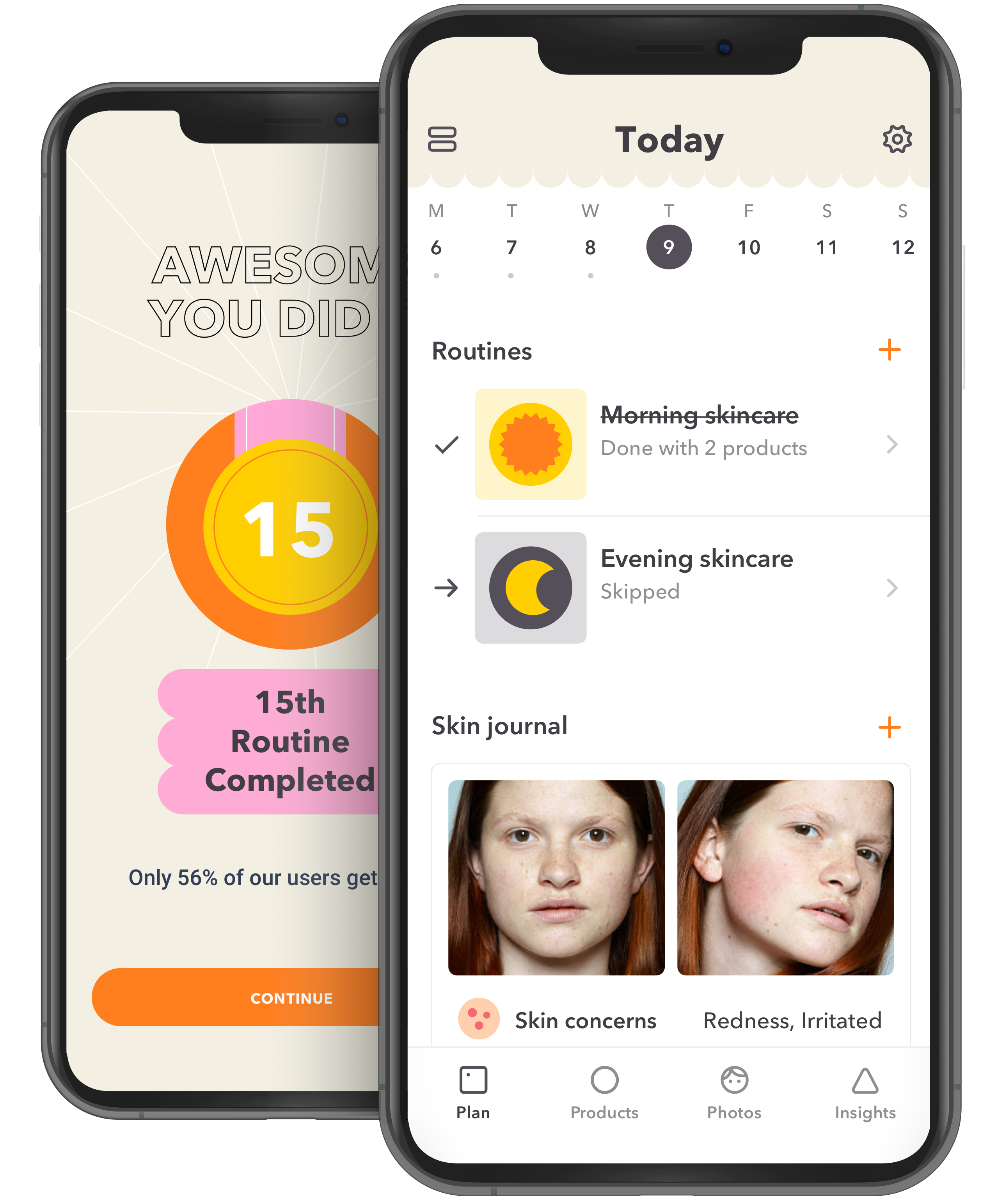 Screen of the "Skin journal" and screen that compares the photos registered in the skin log.