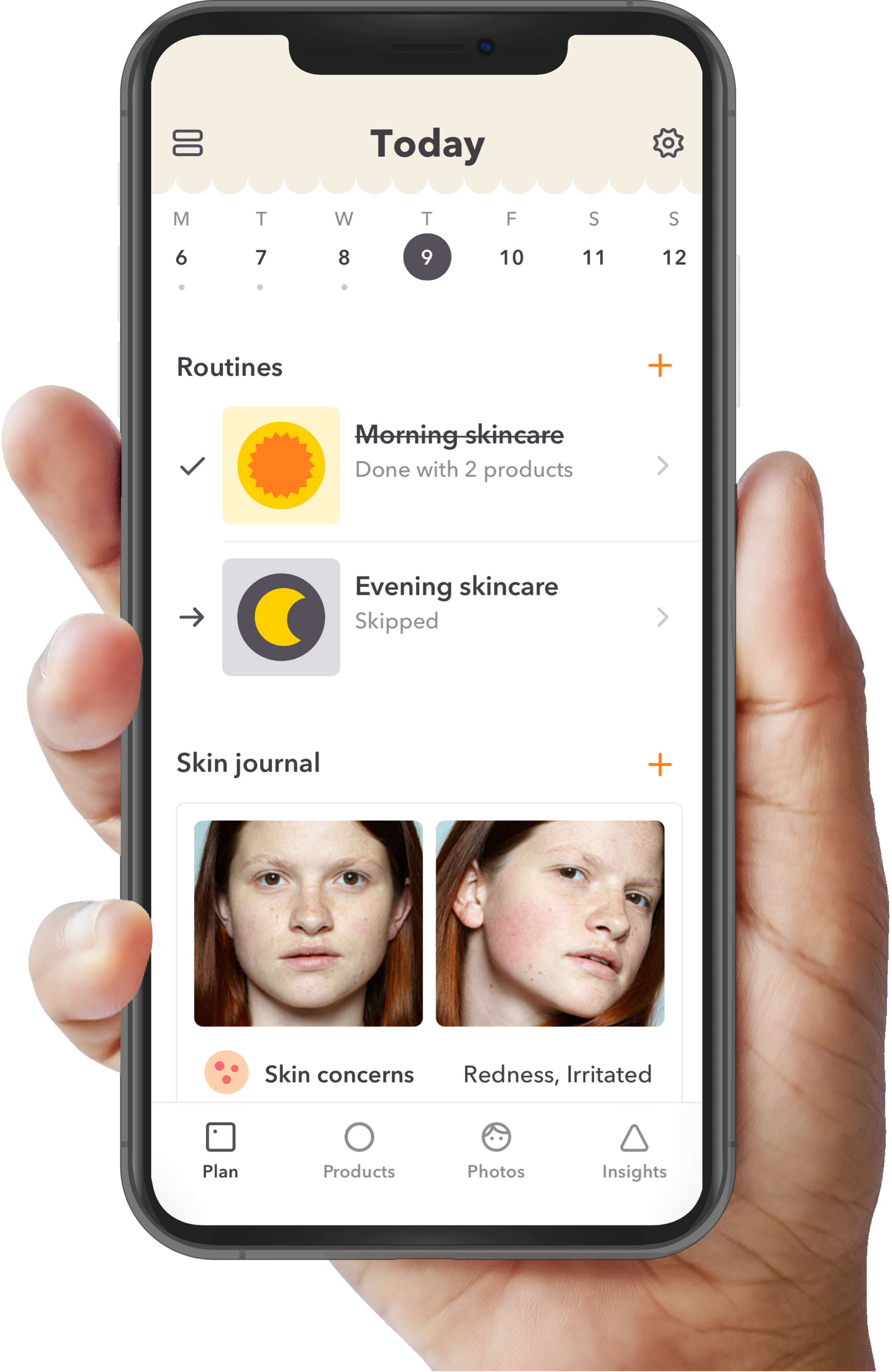 A hand holding a phone shows the plan screen with scheduled routines for today.