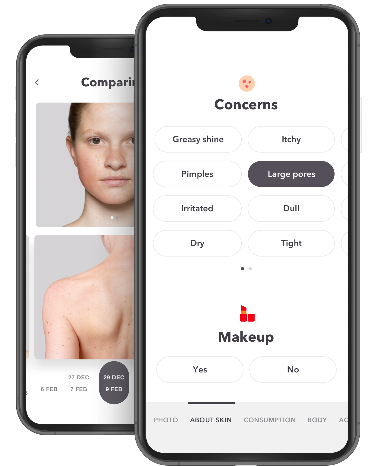 Screen of the "Skin journal" and screen that compares the photos registered in the skin log.